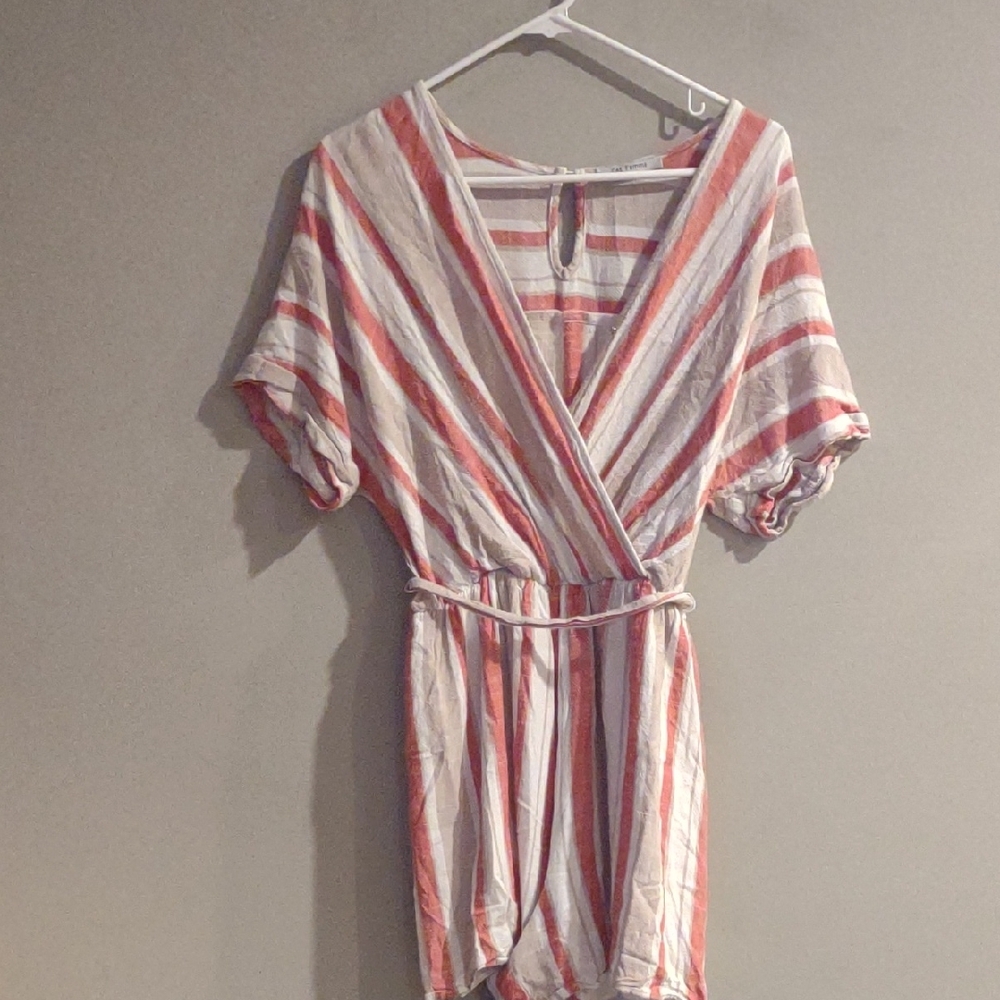 Ces Femme Women's Large Red White Khaki Striped Short Romper